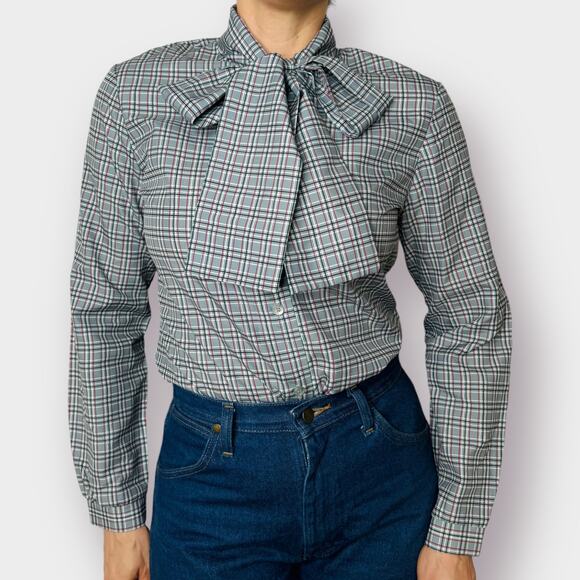 Vintage 70s The Branch Plaid blouse with‎ Bow - Picture 2 of 6